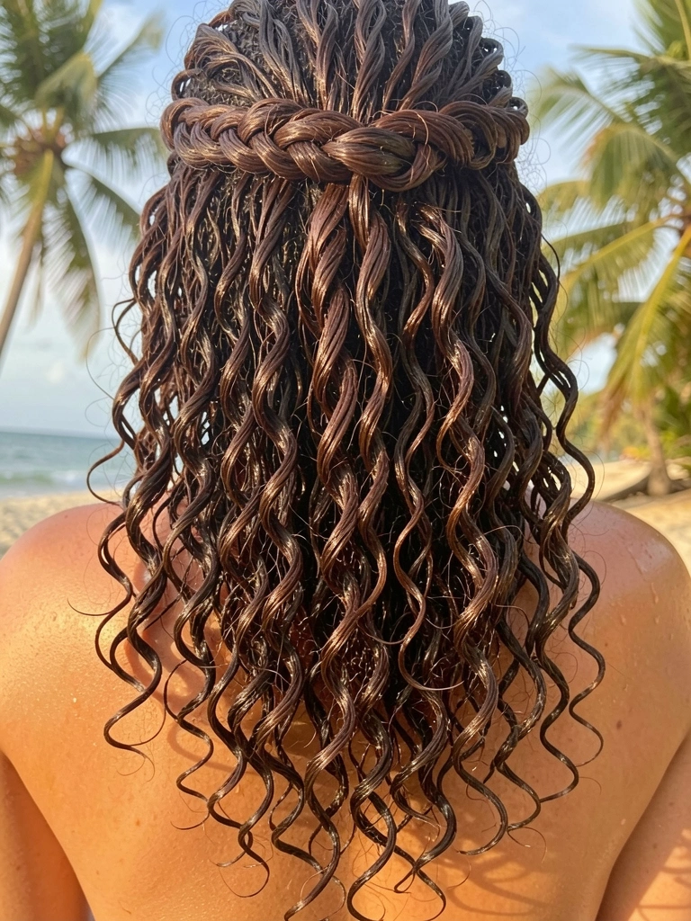 Cachos escuros molhados e volumosos em estilo meio preso com torcidinho, luz natural difusa e fundo levemente desfocado.