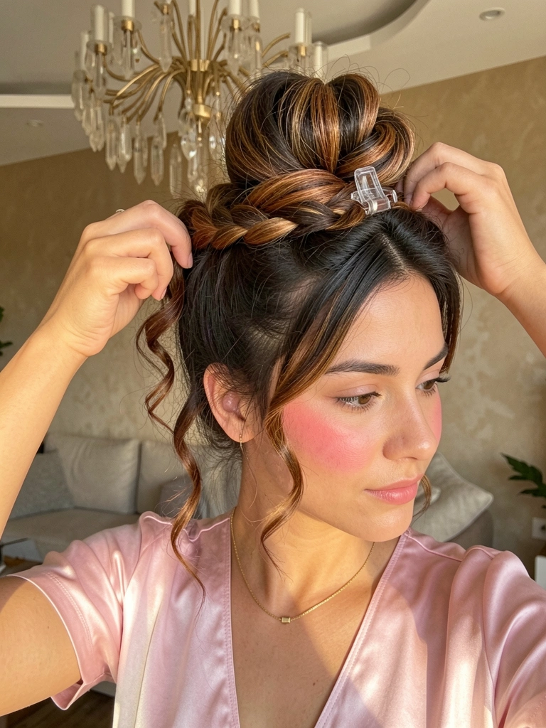 Jovem de cabelo castanho com mechas ruivas criando coque trançado com presilha transparente, blusa cetim rosa claro e colar dourado, fundo de parede texturizada bege e lustre.