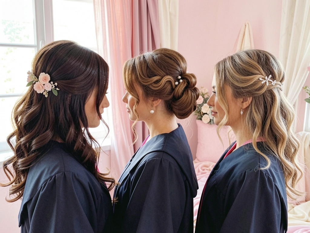 Três mulheres com diferentes penteados elegantes: cabelos longos com flores, coque com pérolas e meio preso com presilhas, em quarto pastel com luz natural de janela.