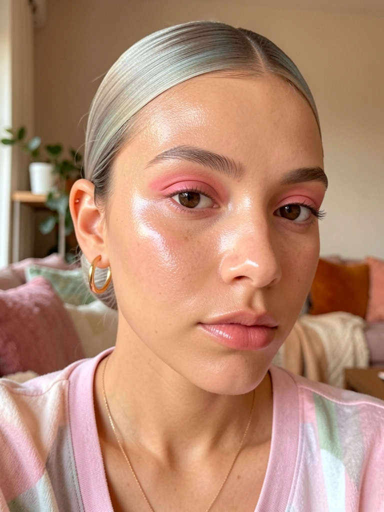 Mulher com coque baixo e brincos de argola dourados, pele com brilho natural e maquiagem rosa suave, fundo desfocado com texturas e luz quente.