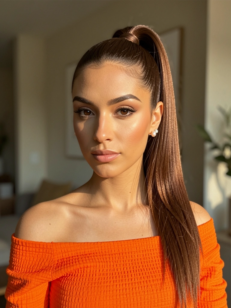 Blusa laranja texturizada ombro a ombro, brincos de pérola e rabo de cavalo castanho, fundo neutro desfocado com luz natural.