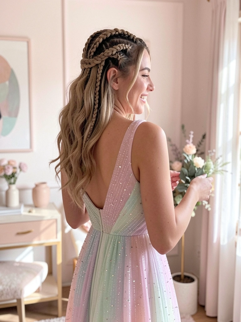 Jovem com cabelo trançado em vestido cintilante de gradiente pastel, de costas, em sala com decoração minimalista e luz suave.