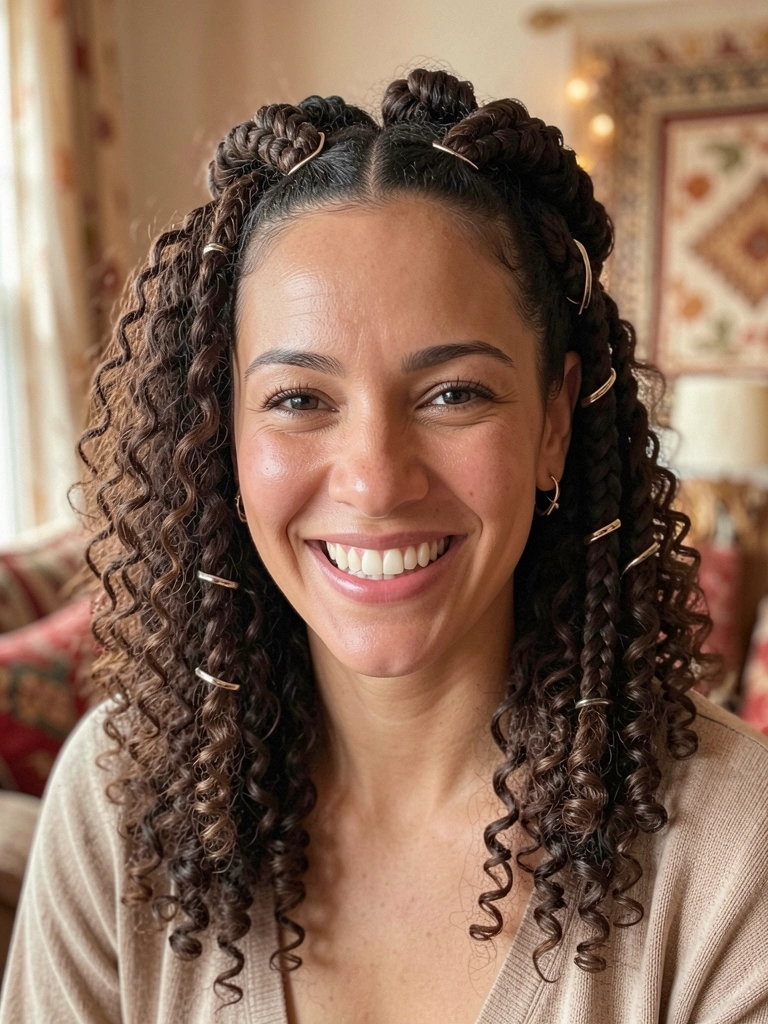 Mulher com cabelo cacheado volumoso em tranças adornadas com acessórios metálicos mínimos, sorriso radiante, brincos delicados, fundo desfocado com tons quentes e padrões sutis, iluminação suave e natural.