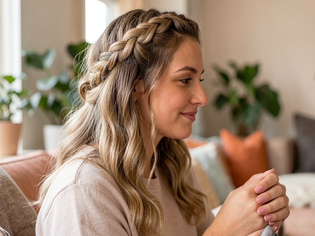 Mulher com cabelo trançado e ondas suaves sentada em ambiente claro, fundo desfocado com verde e tons neutros, luz natural suave.