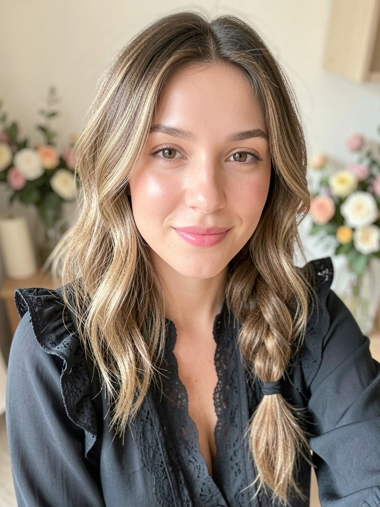 Mulher de cabelo castanho com trança lateral e ondas soltas, blusa preta com renda e babados, fundo claro com flores desfocadas, luz natural suave.
