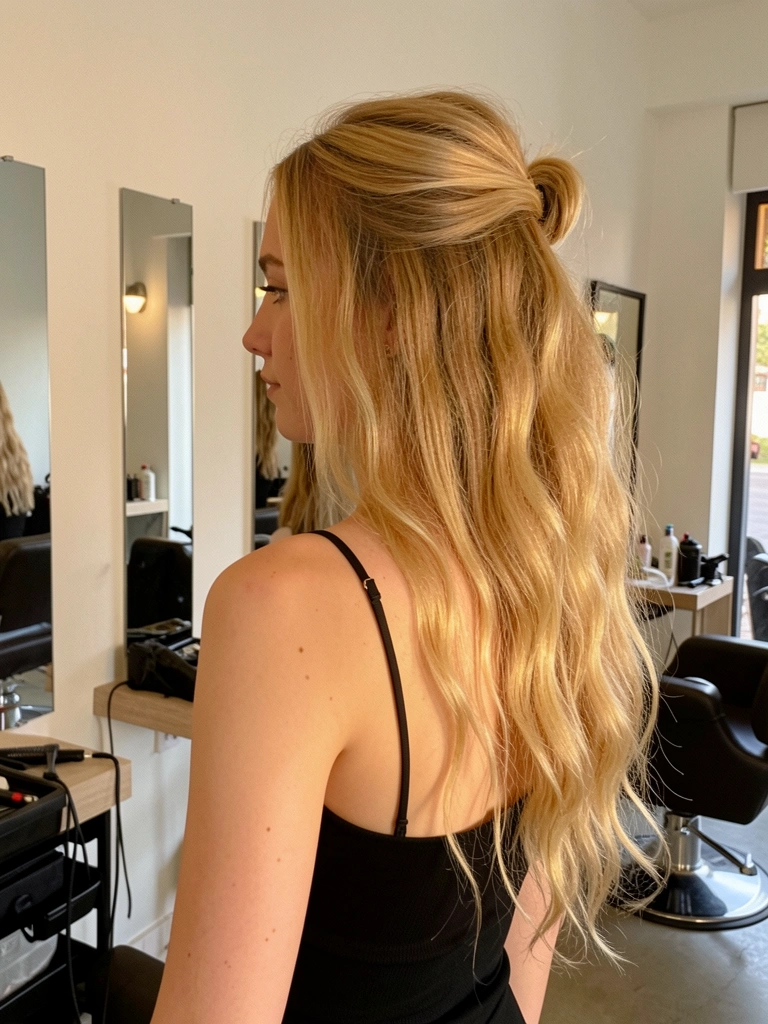 Jovem de cabelo loiro ondulado em meio-preso, top preto de alça fina, salão com espelhos e luz natural.