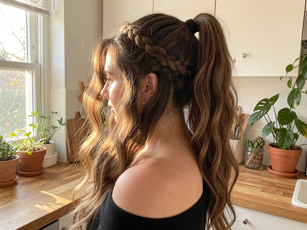 Luz natural incide sobre madeira clara e folhagens, perfil feminino com coque trançado e top preto decotado.