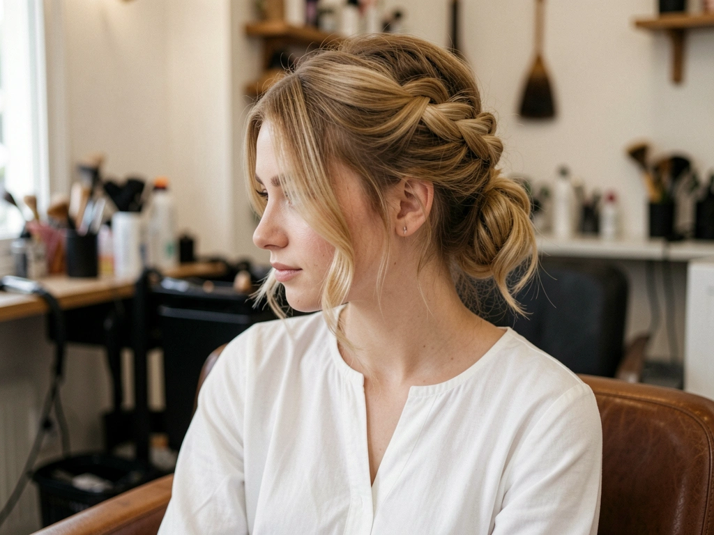 Jovem de cabelo louro ondulado com trança e coque, blusa branca, em salão de beleza com fundo desfocado e luz suave.