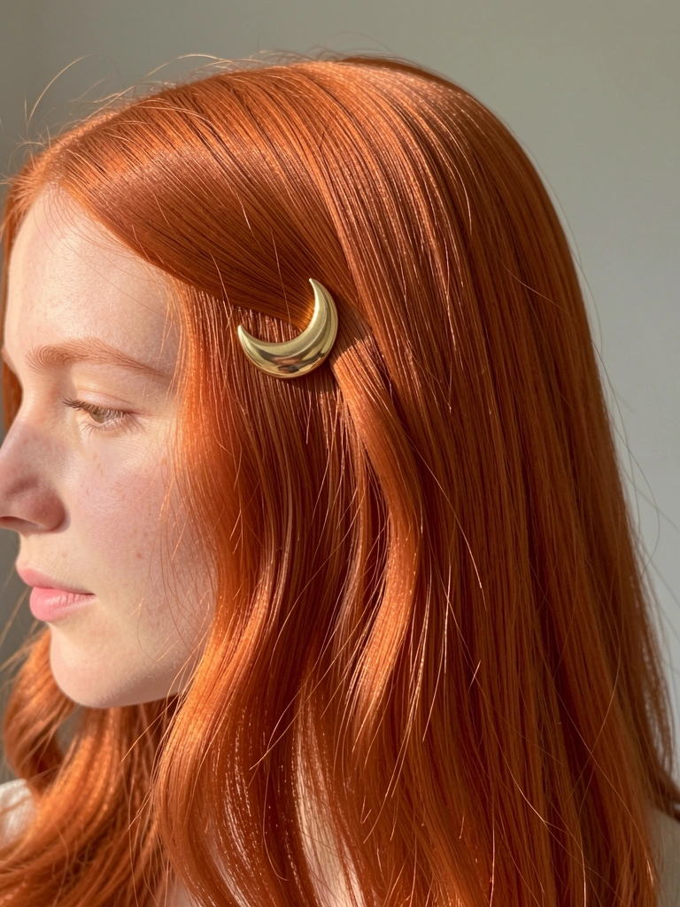 Mulher ruiva com penteado ondulado e clipe de cabelo dourado em forma de lua crescente, iluminado por luz natural diurna.