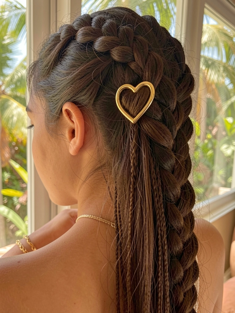 Jovem de cabelo castanho escuro com presilha dourada em formato de coração, trançado complexo com fios caindo nas costas, pulseira fina de ouro no pulso, luz natural quente e fundo desfocado.