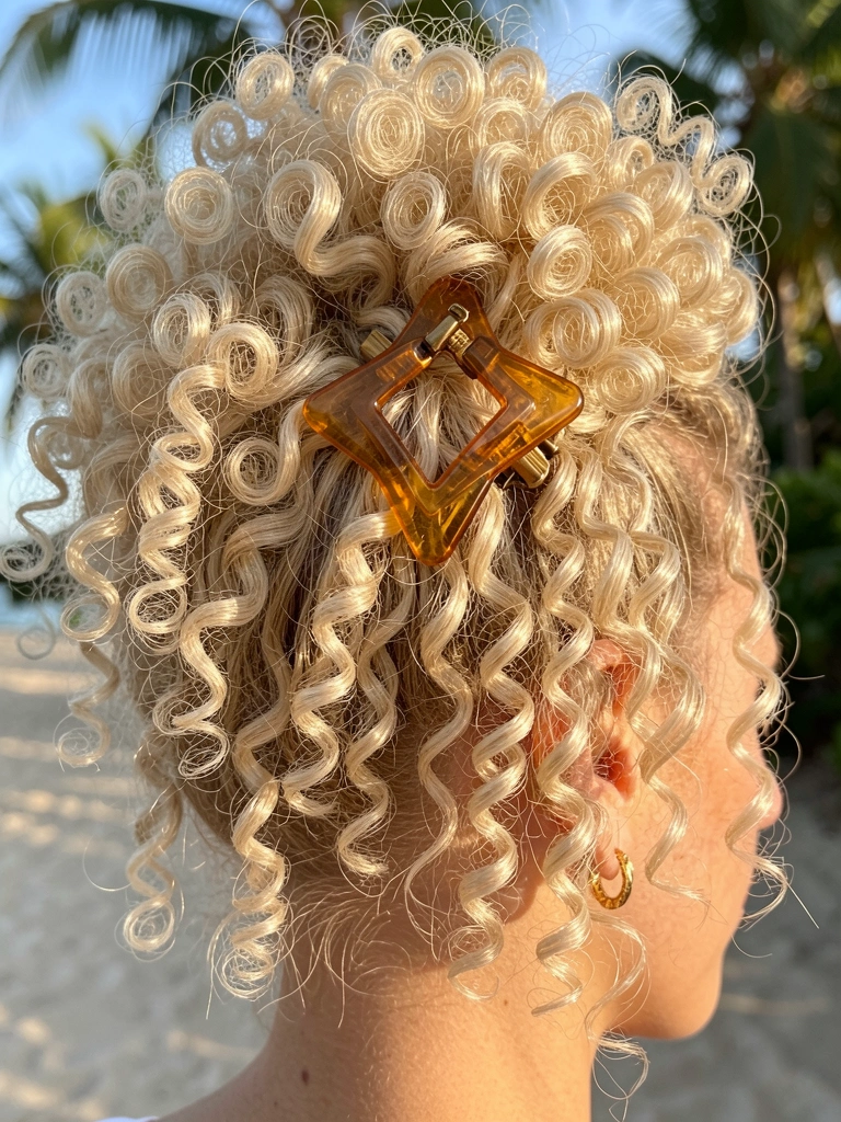 Cabelo cacheado loiro preso em coque com presilha geométrica âmbar, brincos dourados e luz natural.