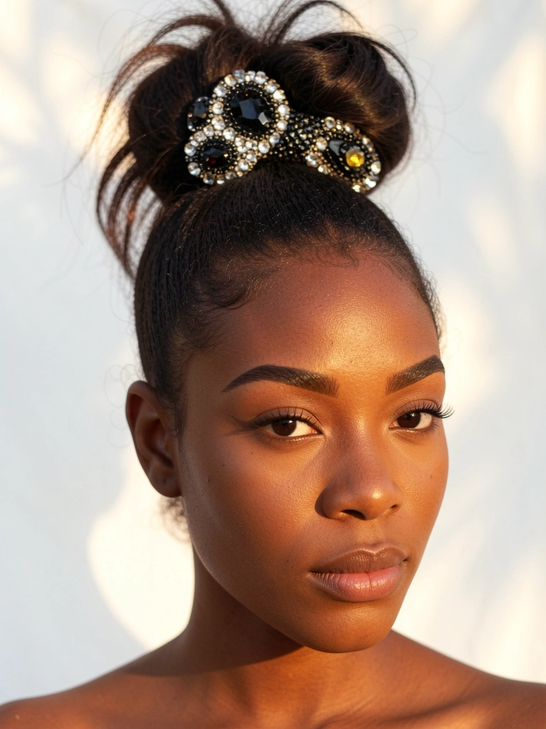 Close-up de uma jovem negra com coque alto preso por presilha ornamentada de strass preta e transparente, luz natural suave e fundo branco desfocado.