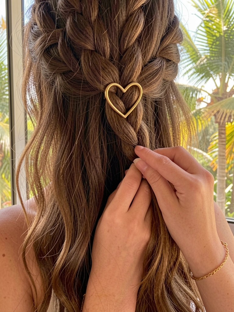 Cabelo castanho cacheado com presilha dourada em formato de coração, pulseira fina no pulso e luz natural entrando pela janela.