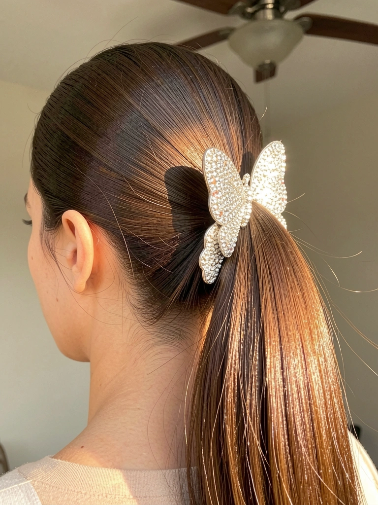 Close-up de rabo de cavalo baixo com presilha de borboleta brilhante, cabelo liso e luz natural suave.