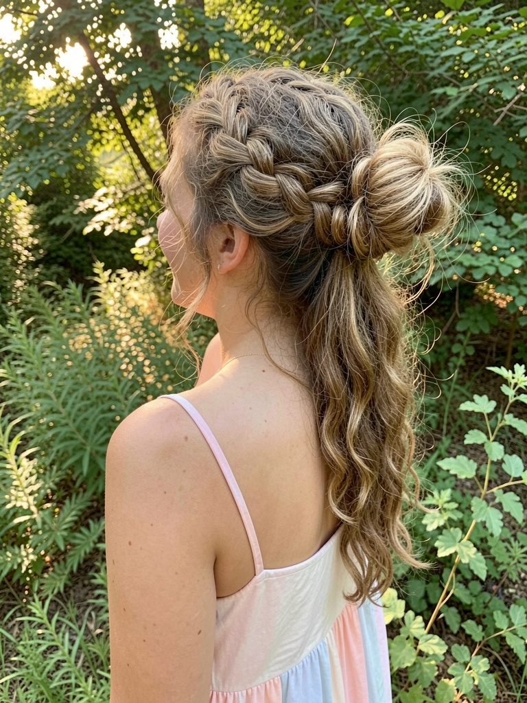 Pessoa com cabelo em coque texturizado e trança lateral, vestindo vestido pastel, sob luz solar filtrada por árvores, ângulo levemente superior.