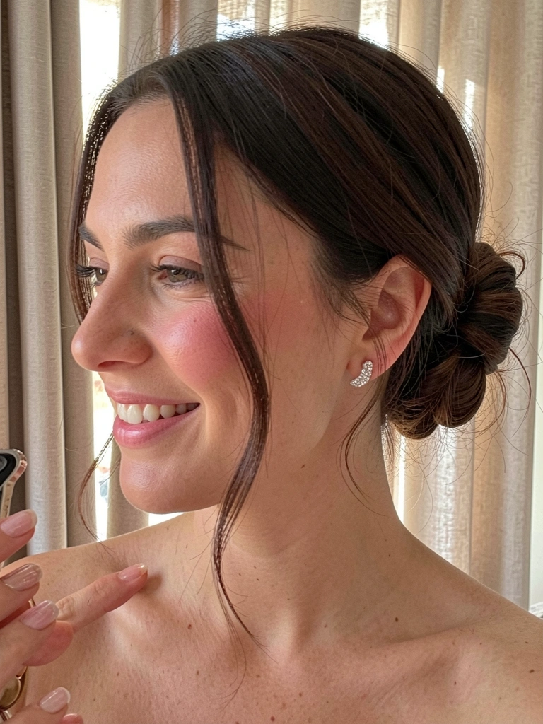 Mulher de coque baixo texturizado com fios soltos, sorrindo com brincos brilhantes, luz difusa de cortinas neutras ao fundo.