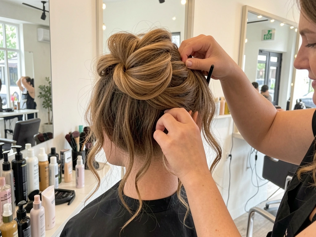 Cabelo castanho claro preso em coque despojado com fios soltos, cabeleireira ajustando o penteado em salão iluminado com espelhos e produtos organizados no balcão.
