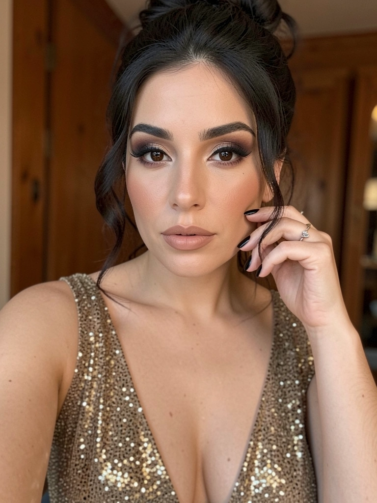 Mulher de cabelo escuro preso em coque bagunçado, vestido dourado com brilhos e decote profundo, mão perto do rosto com anel minimalista e unhas pretas brilhantes, fundo desfocado com tons de madeira e luz ambiente.