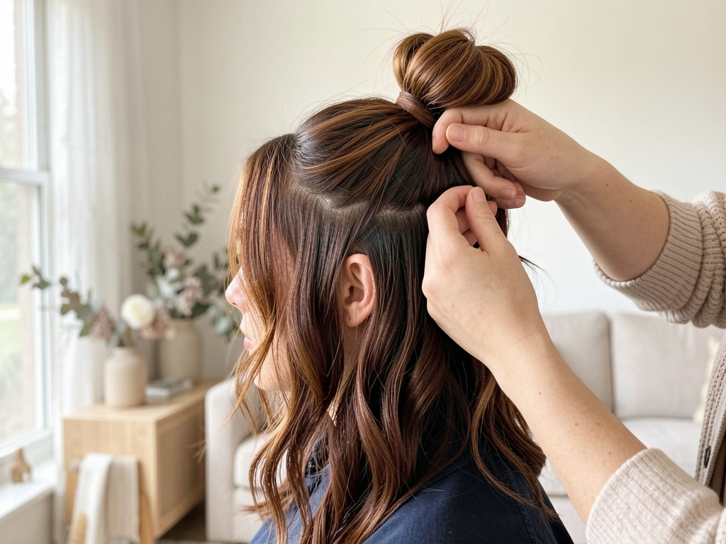 Mãos penteando cabelo castanho-acobreado com mechas claras em um coque, luz natural entrando por janela em ambiente neutro e arejado, fundo com tons suaves.