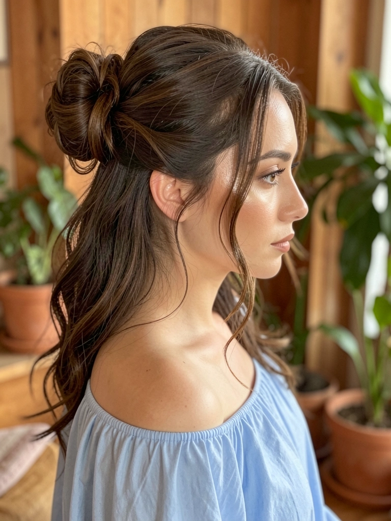 Perfil de mulher com coque texturizado e fios soltos, blusa azul clara off-shoulder, fundo interno com tons de madeira e vasos de plantas, luz natural suave.