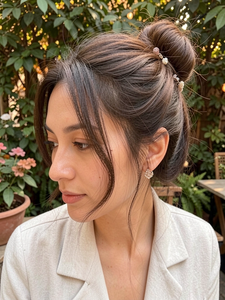 Cabelo castanho escuro preso em coque texturizado com acessórios delicados, fios soltos no rosto, fundo desfocado de folhagens verdes e luz natural suave.