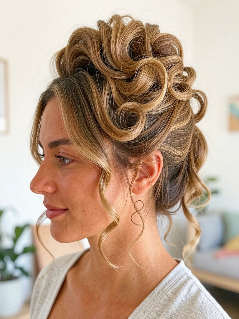 Penteado updo texturizado com cachos soltos na nuca, pele bronzeada, fundo desfocado com decoração minimalista e luz natural.