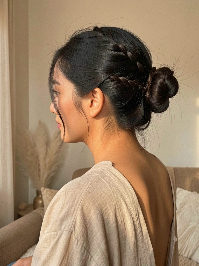 Mulher de cabelo escuro preso em coque com trança, blusa bege de costas abertas, fundo neutro e iluminação suave.