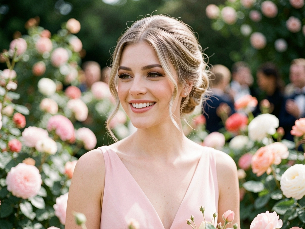 Jovem sorrindo com vestido rosa pastel e cabelo preso com cachos soltos, jardim florido com bokeh ao fundo, luz natural.