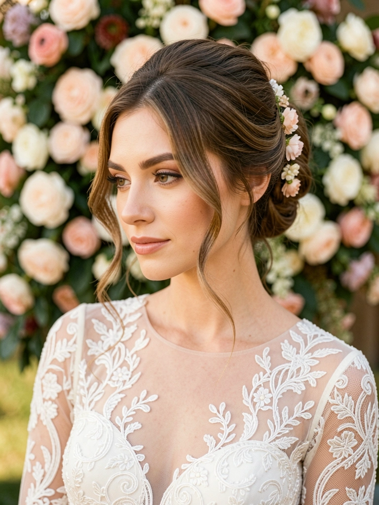 Mulher com penteado romântico e acessórios florais, vestido de renda, fundo floral desfocado com iluminação quente.