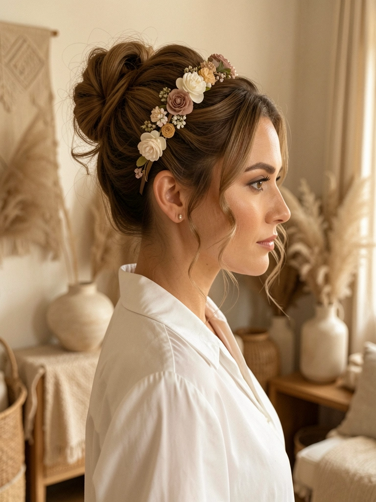 Mulher de perfil com coque texturizado e headband floral, blusa branca elegante, fundo neutro levemente desfocado com luz natural suave.