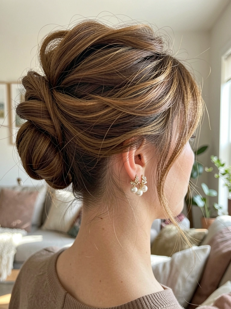 Penteado com coque texturizado e brincos de pérola, cabelo castanho com mechas, fundo neutro desfocado com luz natural.