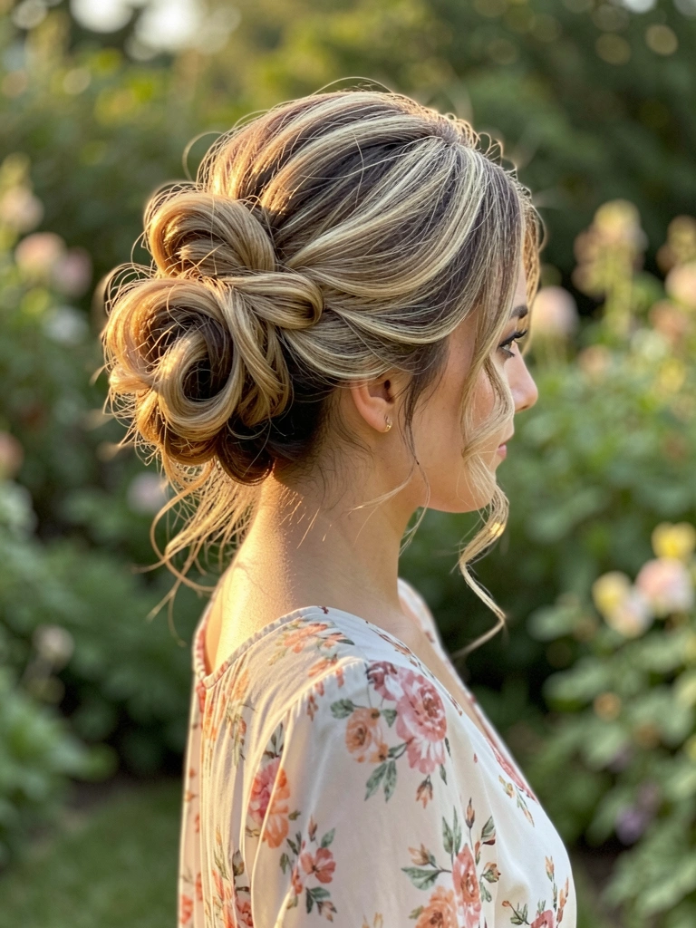 Penteado elegante com coque texturizado e cachos soltos, vestido floral fluido, luz dourada de fim de tarde e fundo de jardim desfocado.