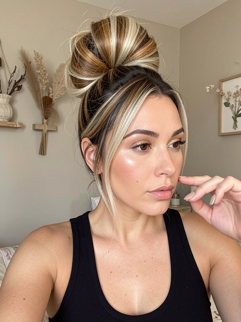 Mulher com coque texturizado loiro, blusa preta e maquiagem suave, em ambiente neutro com decoração delicada, luz natural e ângulo levemente inferior.