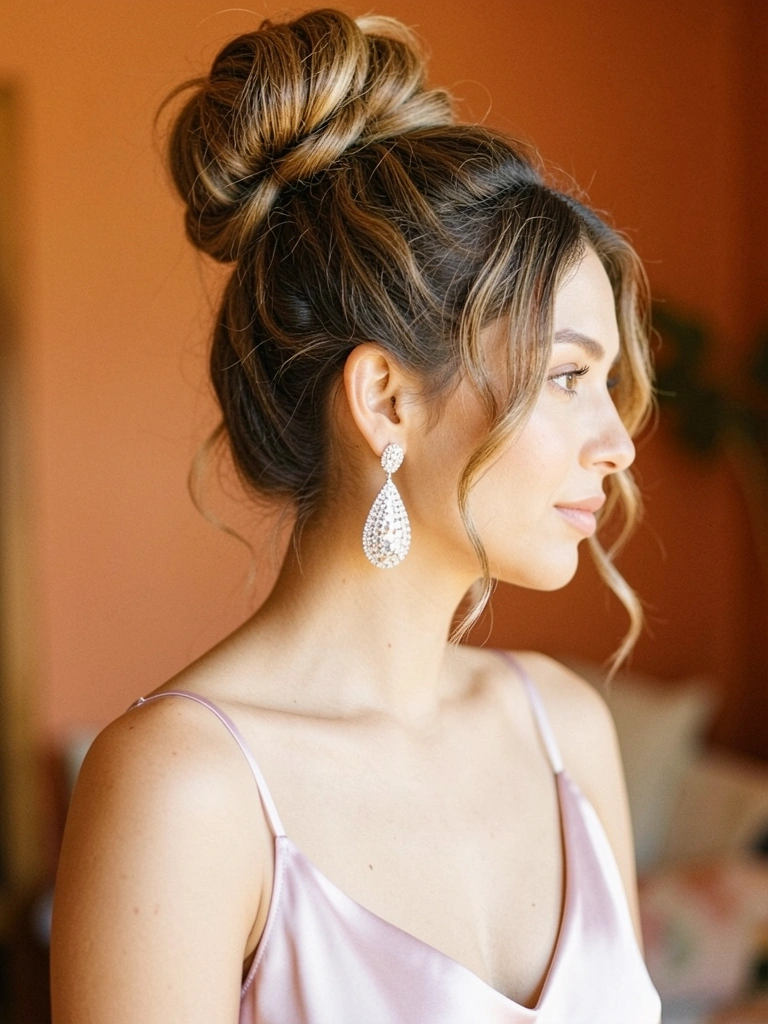 Mulher de coque volumoso e brincos grandes, vestido de cetim pastel, luz natural suave e fundo desfocado em tons quentes.