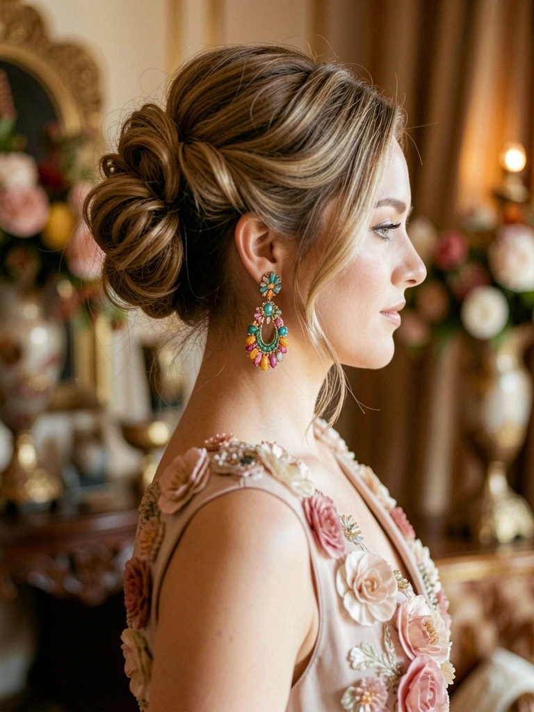 Mulher com cabelo preso em ondas e brincos coloridos grandes, vestido com bordados florais, luz suave e fundo desfocado elegante.