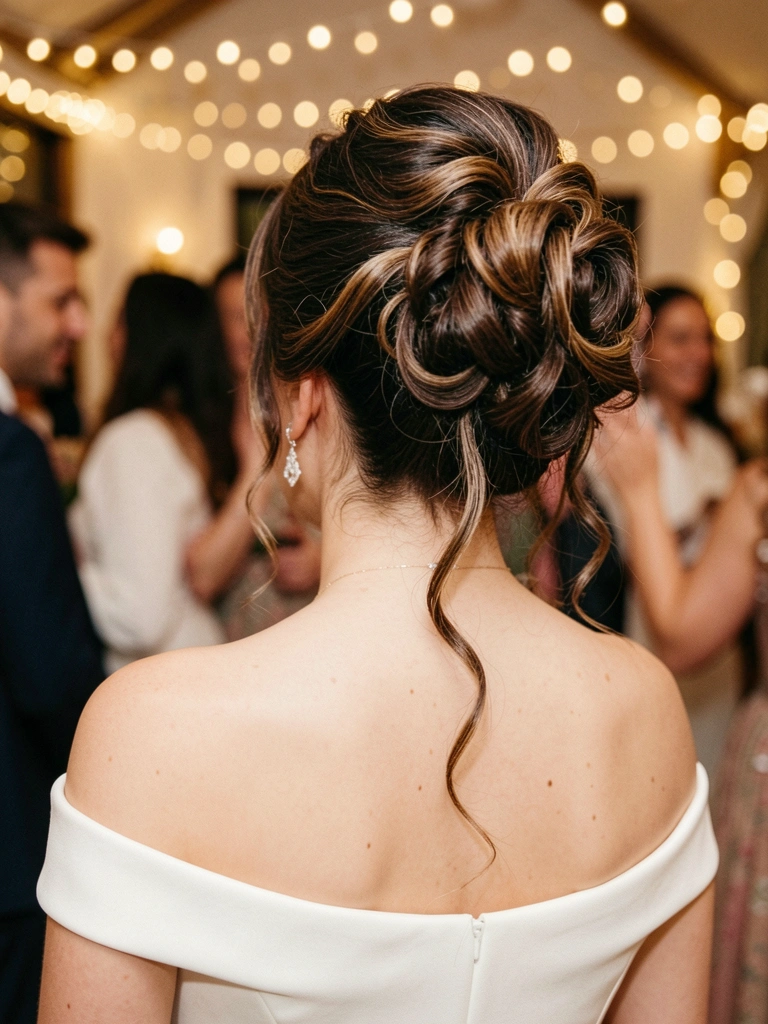 Penteado com coque texturizado e cachos soltos, vestido branco off-shoulder e brincos delicados, luz dourada e fundo desfocado com luzes de festão.