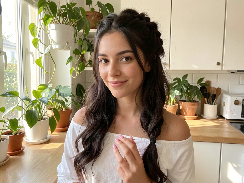 Jovem de cabelo preso com trança lateral, blusa branca off-shoulder, em cozinha clara com plantas e luz solar suave.