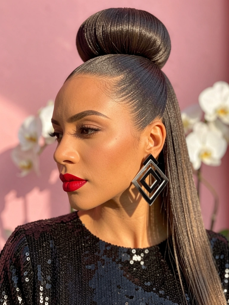 Close-up de mulher com coque alto e vestido preto de lantejoulas, brincos geométricos grandes e batom vermelho, fundo rosa desfocado com orquídeas brancas, luz natural.