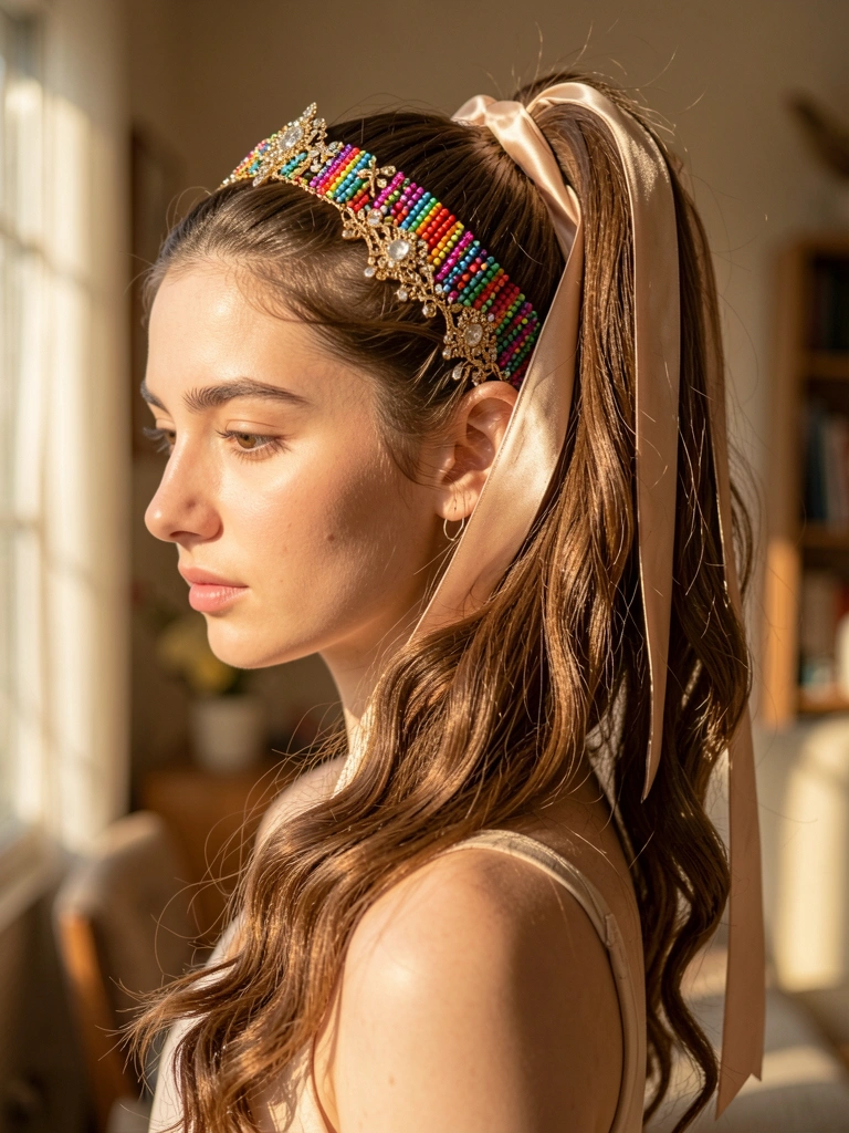 Luz natural destaca cabelo ondulado preso em rabo de cavalo com fita de cetim grossa, headband dourada e headband de miçangas coloridas na testa.