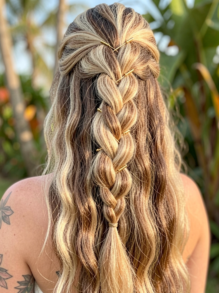 Trança rabo de peixe com grampos dourados em cabelo loiro e castanho, tatuagem no braço, folhagem tropical ao fundo desfocado.