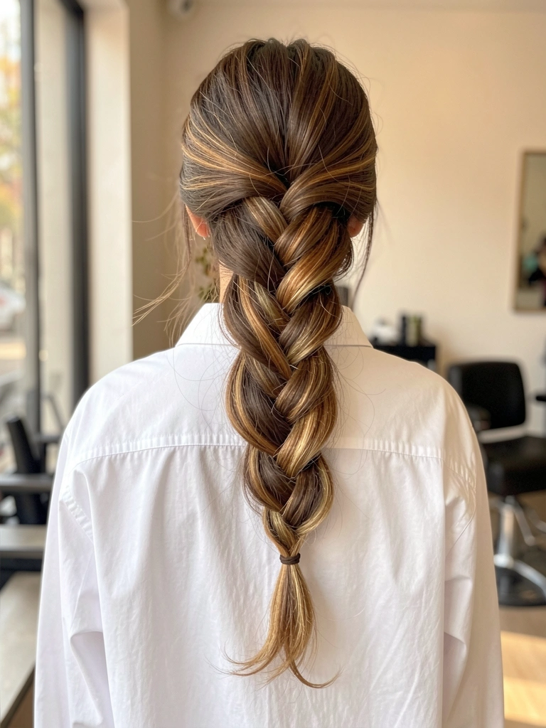 Trança espinha de peixe grossa com mechas carameladas em cabelo castanho ondulado, camisa branca oversized, fundo de salão desfocado com luz natural suave.