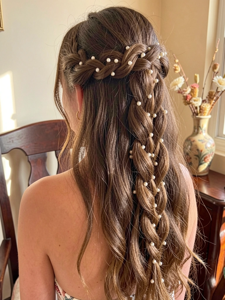 Jovem de cabelo castanho ondulado com trança longa enfeitada com pérolas, luz natural entrando por janela, cadeira de madeira escura e vaso decorativo ao fundo.