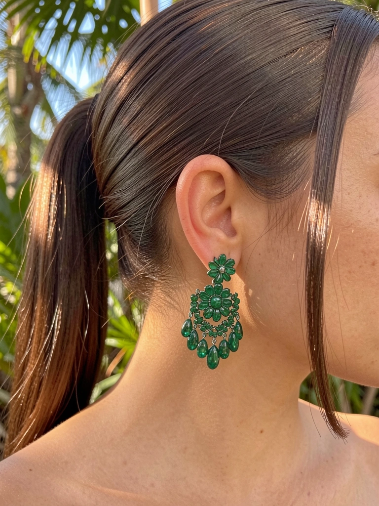 Close-up de mulher com rabo de cavalo alto e brincos verdes esmeralda com detalhes florais, luz natural filtrada por folhagens.