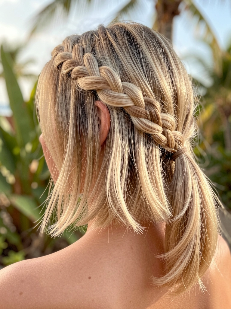 Jovem com cabelo loiro em trança coroa e rabo de cavalo baixo, fundo desfocado com folhagens tropicais, luz natural suave.