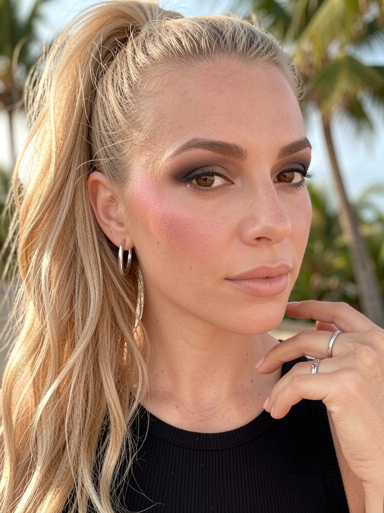 Pele com glow natural, olhos esfumados e cabelo loiro em rabo de cavalo volumoso, brinco de argola prateado e regata preta canelada sob luz natural suave.