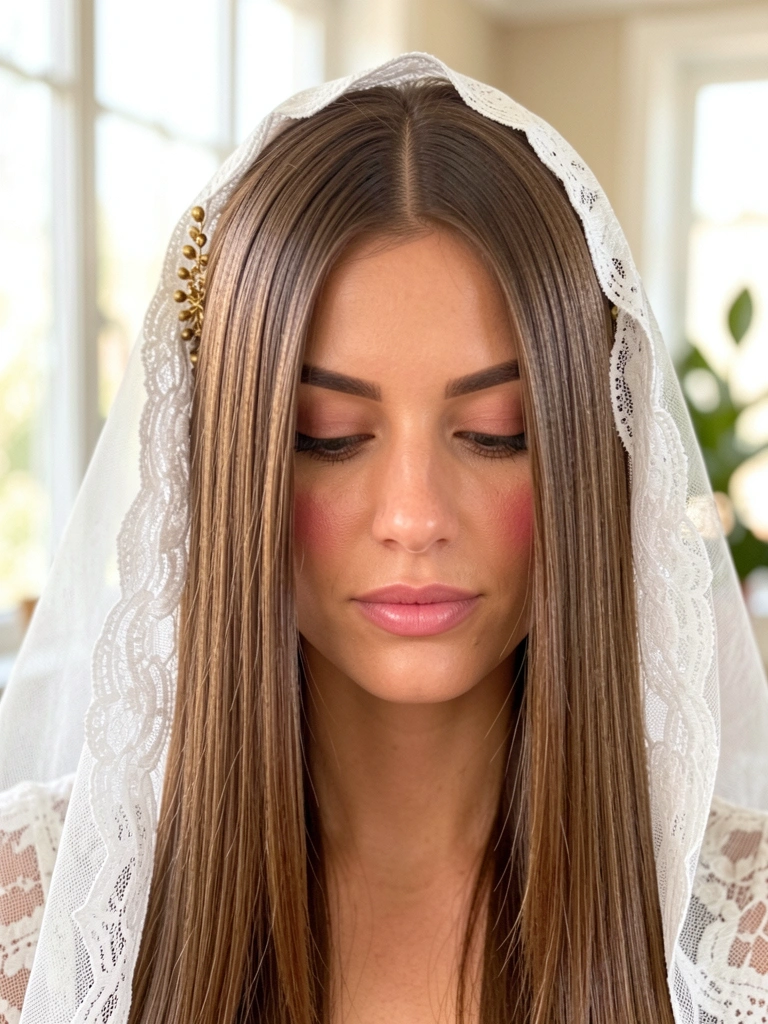 Retrato de mulher com cabelo liso e véu de renda branca, iluminação natural difusa e fundo desfocado claro.