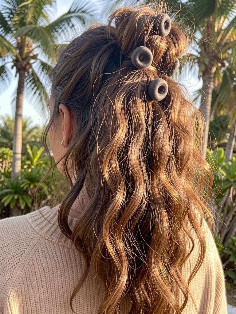 Cabelo castanho ondulado em coque solto com cinco elásticos arredondados, suéter bege, luz natural suave.