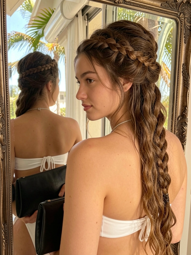 Jovem com cabelo castanho preso em trança lateral, refletida em espelho ornamentado, luz natural filtrada por janela.