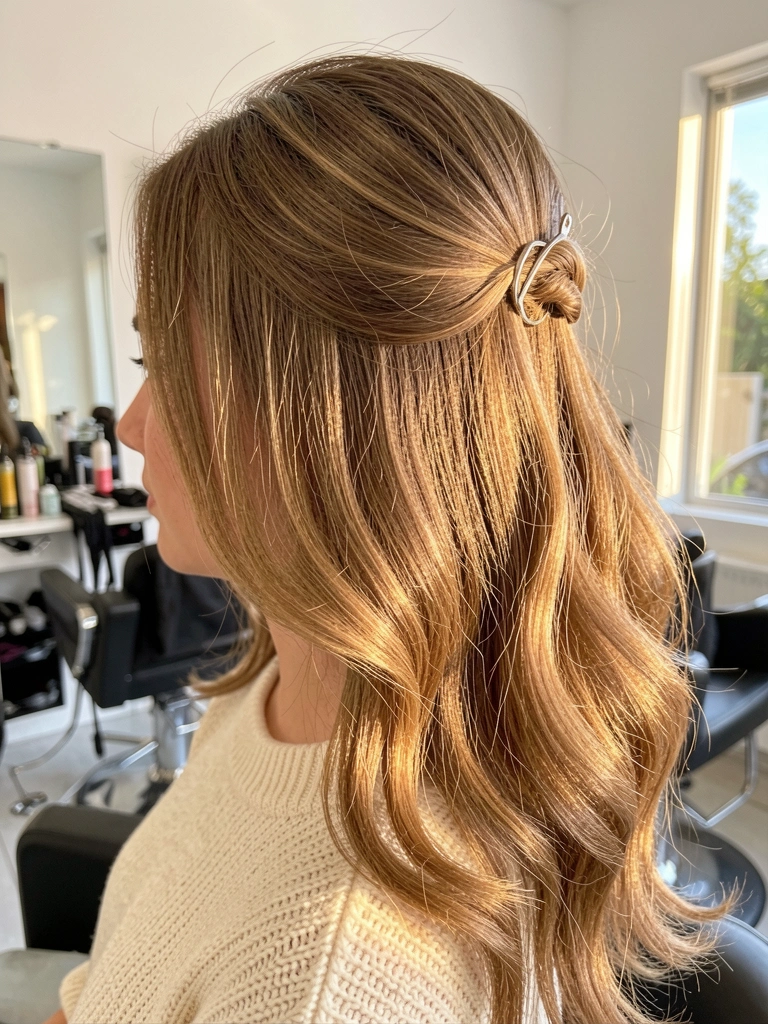 Jovem de cabelo castanho claro com ondas soltas e presilha delicada, suéter creme, salão moderno ao fundo com luz natural.