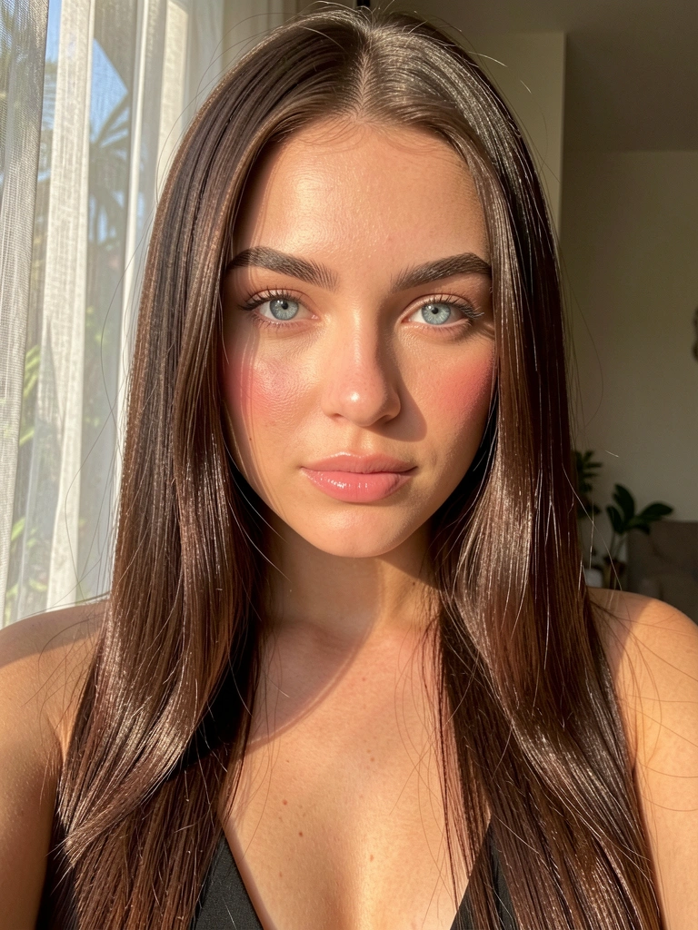 Jovem de cabelo castanho escuro e olhos azuis, maquiagem com sobrancelhas definidas e lábios gloss, luz solar difusa por cortina.